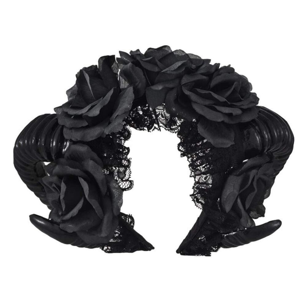 8984 Gothic Ram Horns Sinister Evil Headband Roses Garland Satanic